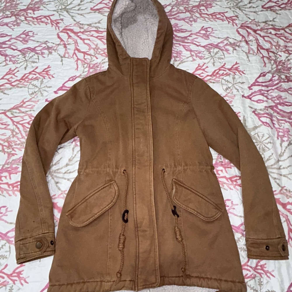 Sebby Women's Brown Hooded Winter Jacket with faux wool lining